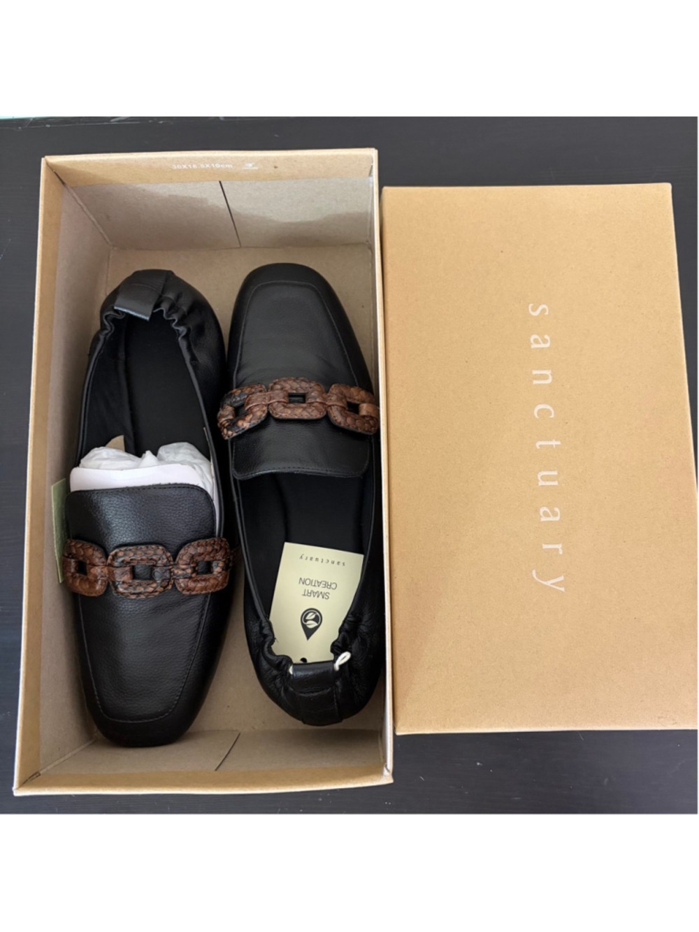 Sanctuary Blast Black Leather Loafers Snakeskin Chain Square Toe Size 8 NIB